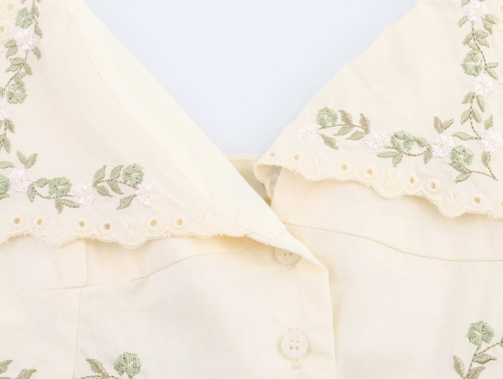 Summer Women Clothing Embroidered Poplin Cotton V neck Strap Top