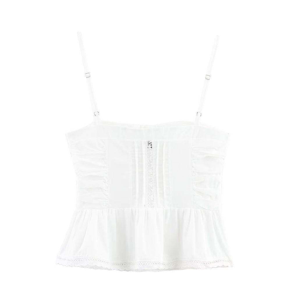 Women Clothing Sweet French Lace Embroidered Pleated Spaghetti-Strap Camisole Top