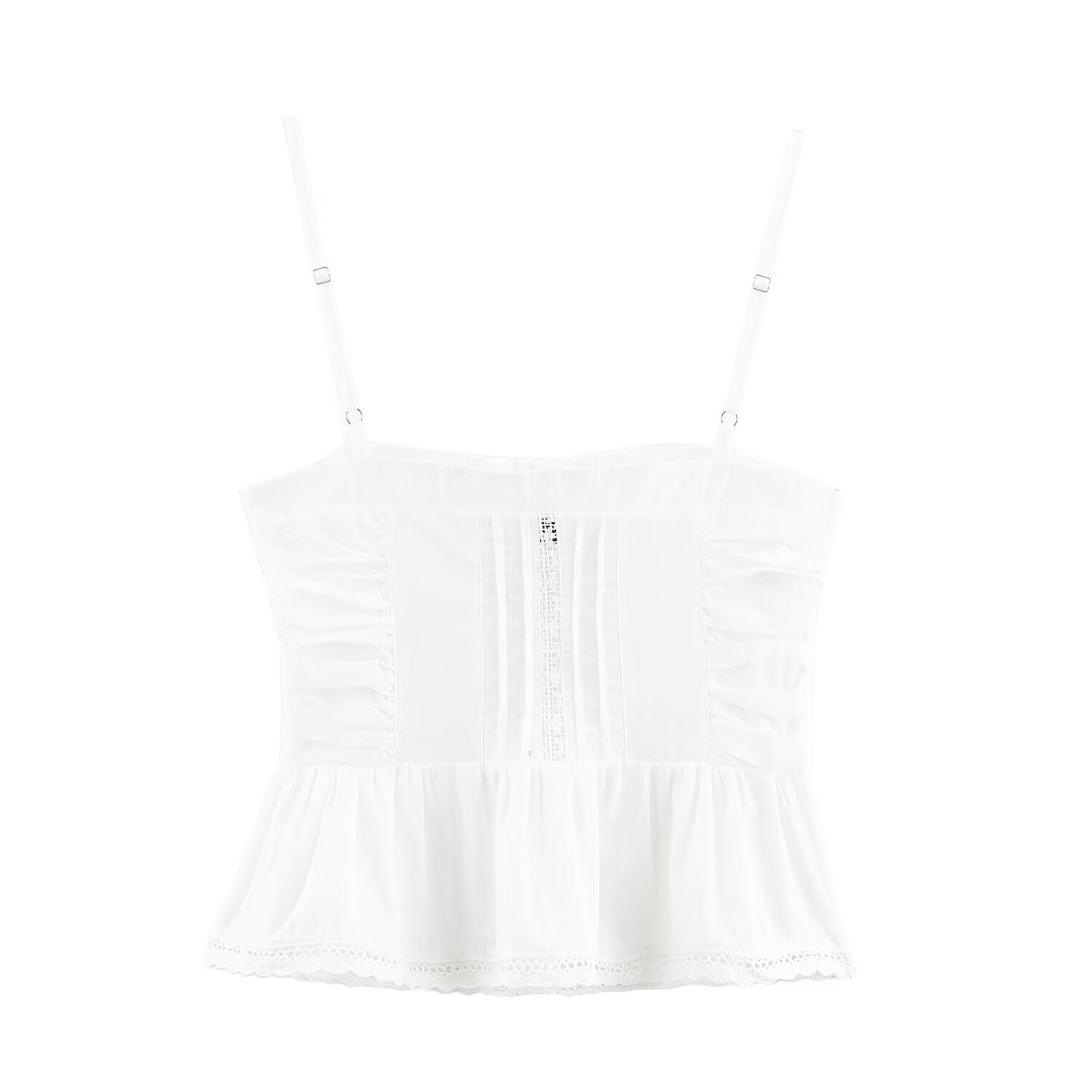 Women Clothing Sweet French Lace Embroidered Pleated Spaghetti-Strap Camisole Top