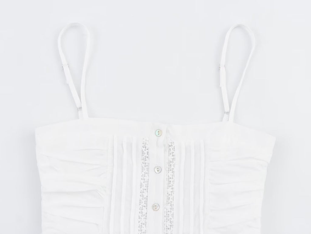 Women Clothing Sweet French Lace Embroidered Pleated Spaghetti-Strap Camisole Top