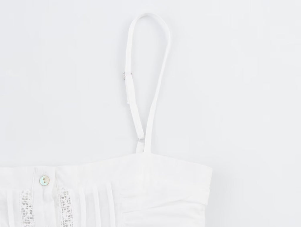 Women Clothing Sweet French Lace Embroidered Pleated Spaghetti-Strap Camisole Top