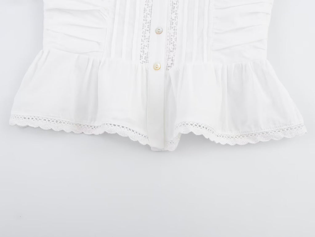 Women Clothing Sweet French Lace Embroidered Pleated Spaghetti-Strap Camisole Top