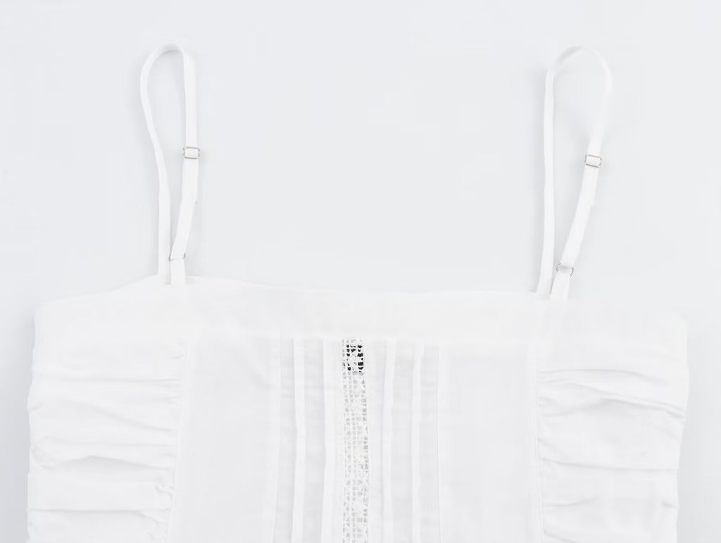 Women Clothing Sweet French Lace Embroidered Pleated Spaghetti-Strap Camisole Top