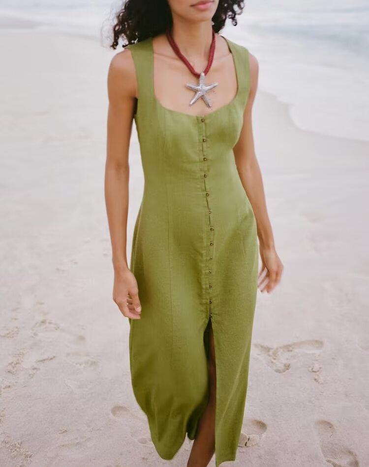 Women Clothing Summer Slim Fit Slimming Linen Midi Dress