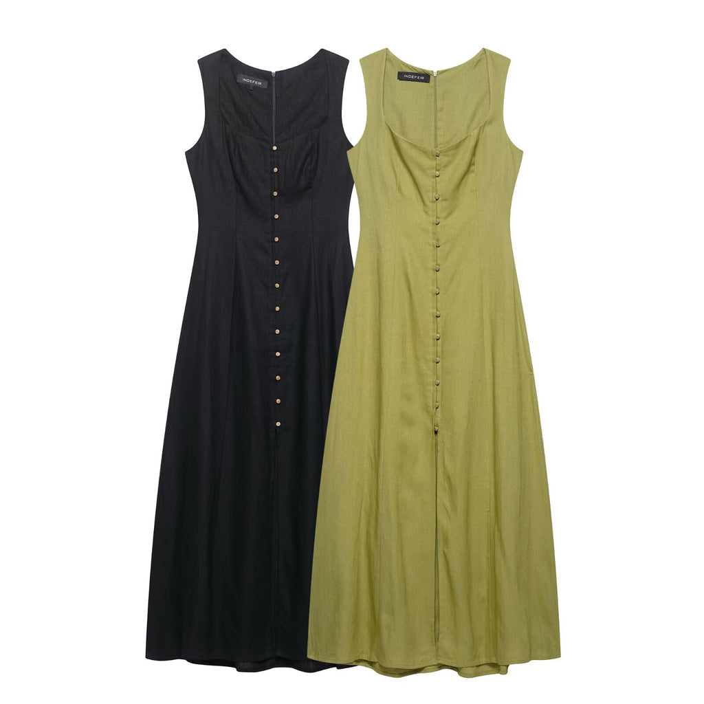 Women Clothing Summer Slim Fit Slimming Linen Midi Dress