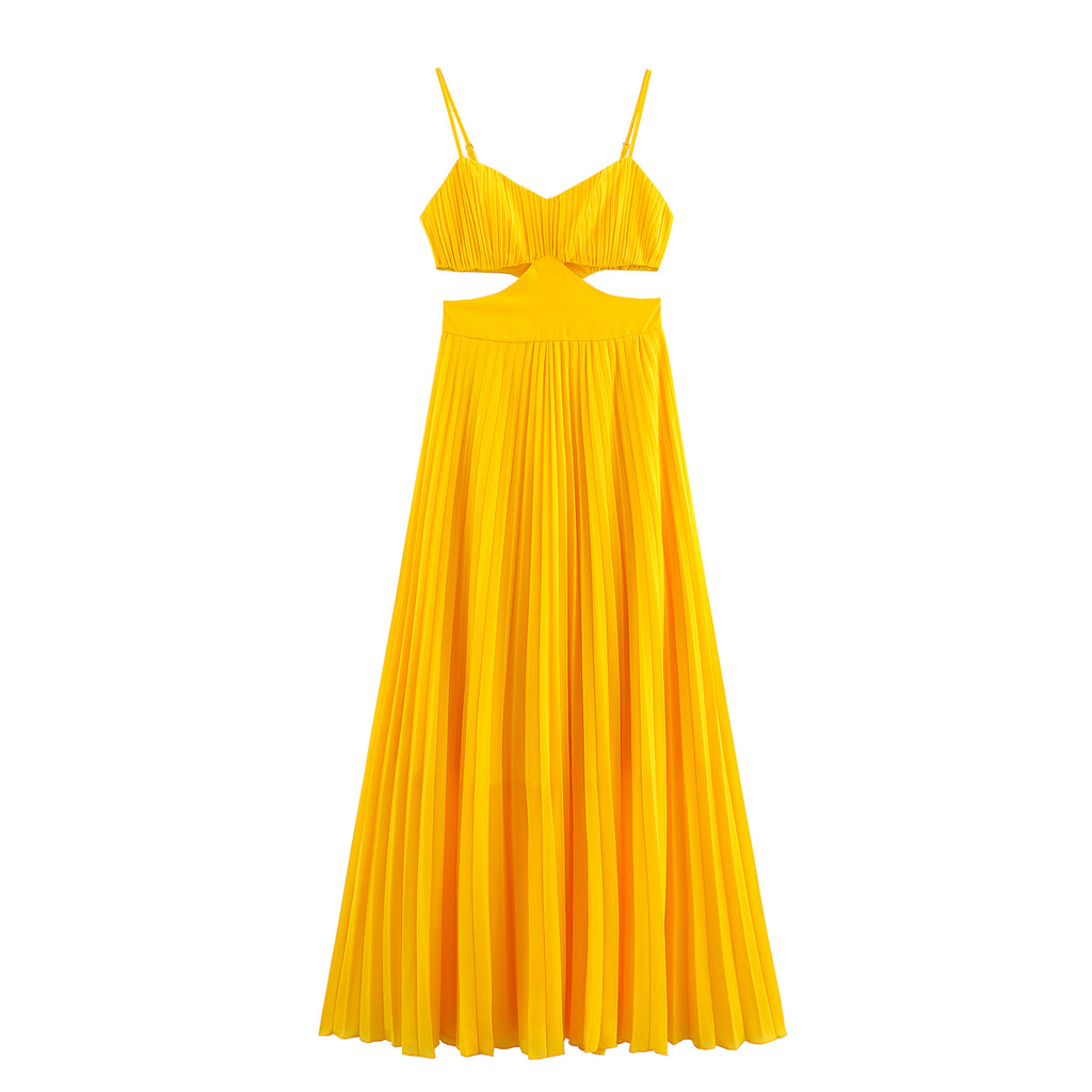 Summer Women Clothing Dopamine Vacation Pleated Large Swing Yellow Suspender Dresses