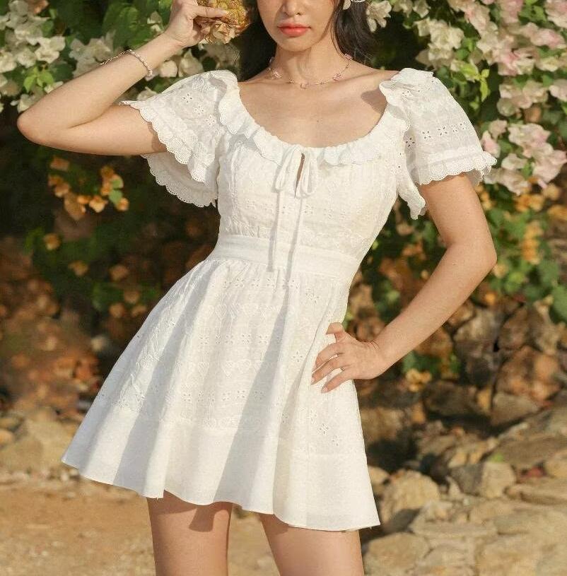 White Dress Square Collar Lace Embroidered Hollow Out Cutout Jacquard Waist Slimming Dress Women Summer A line