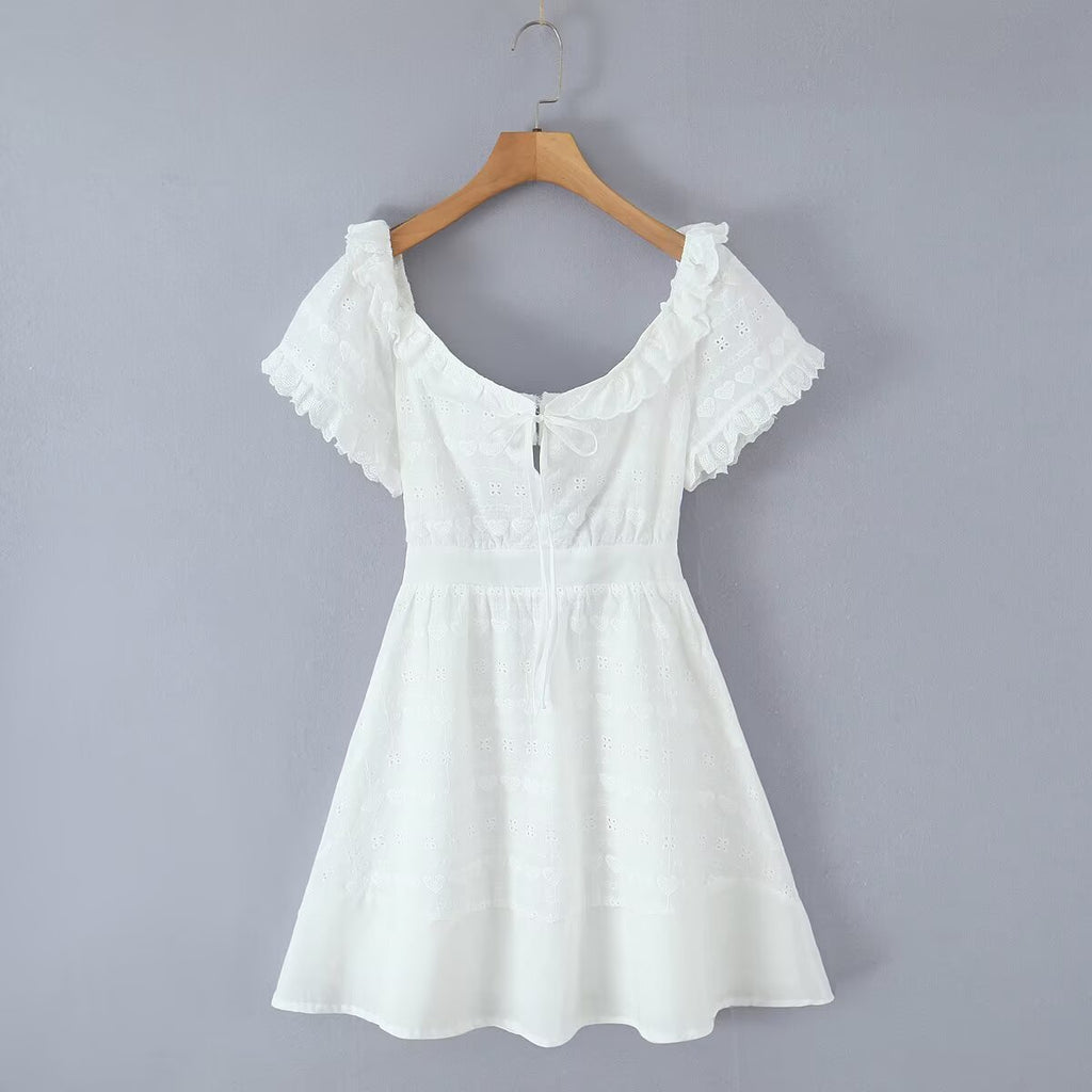 White Dress Square Collar Lace Embroidered Hollow Out Cutout Jacquard Waist Slimming Dress Women Summer A line