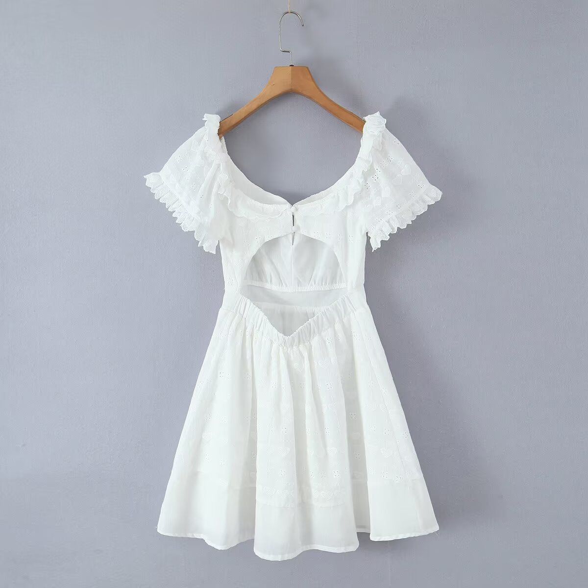 White Dress Square Collar Lace Embroidered Hollow Out Cutout Jacquard Waist Slimming Dress Women Summer A line