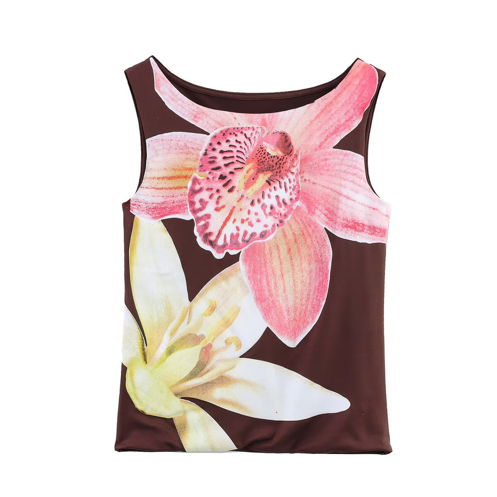 Summer Women Clothing Fashionable Simple Floral Printed Nylon Top