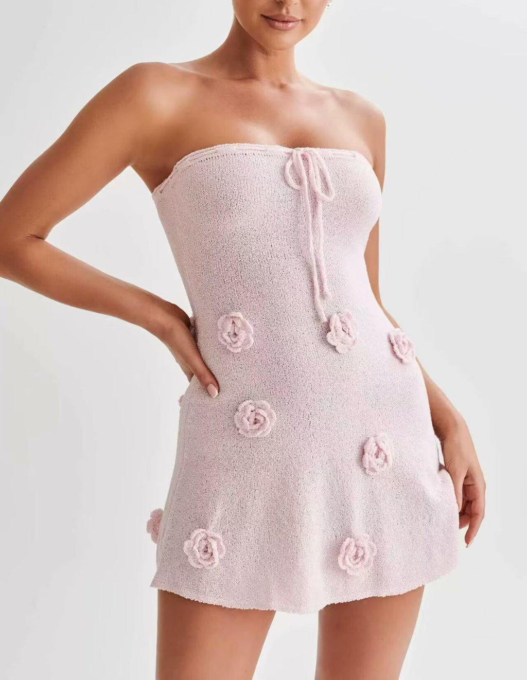 Women Clothing Spring Three Dimensional Floral Chest Lace up Knitted Tube Top Dress