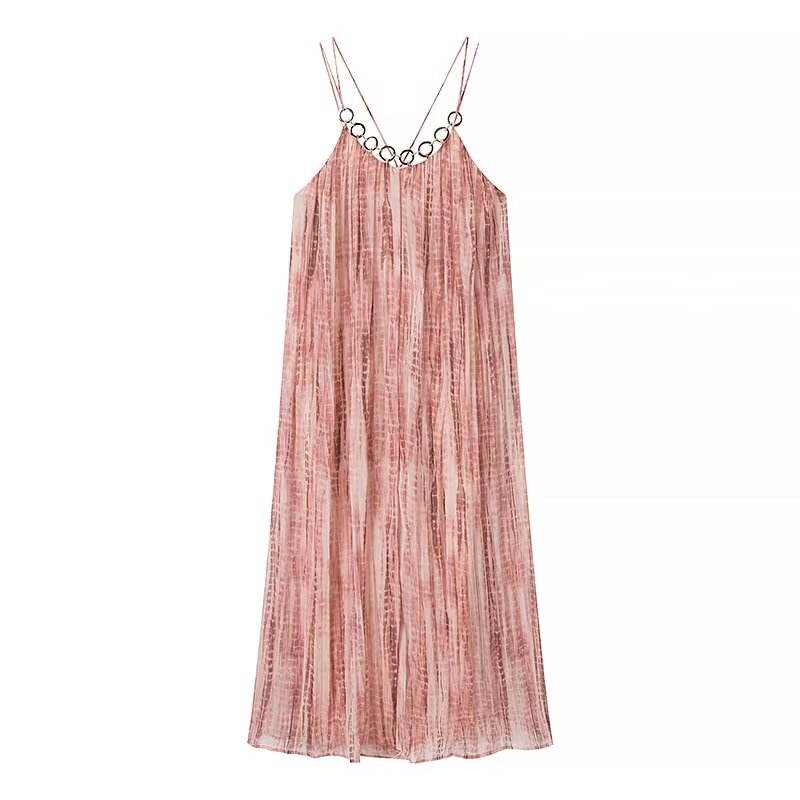 Women Ring Decoration Tie Dye V neck Strap Dress
