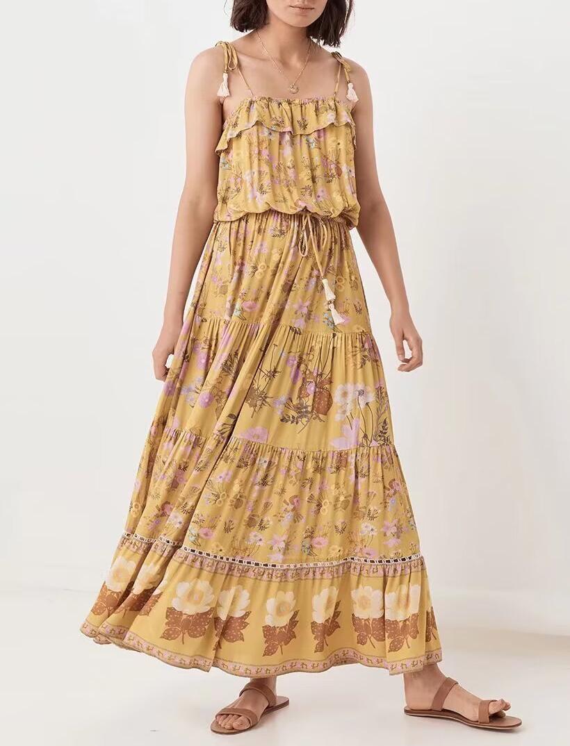 Summer Women Waist Controlled Rayon Printed Tassel Holiday Cami Dress