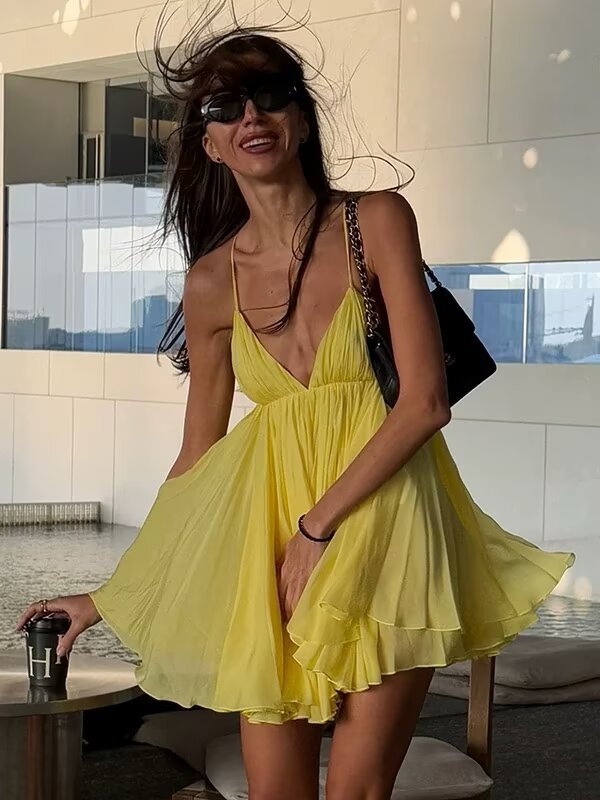 Spring Women Clothing Solid Color Slim Fit High Waist V neck Strap Backless Dress