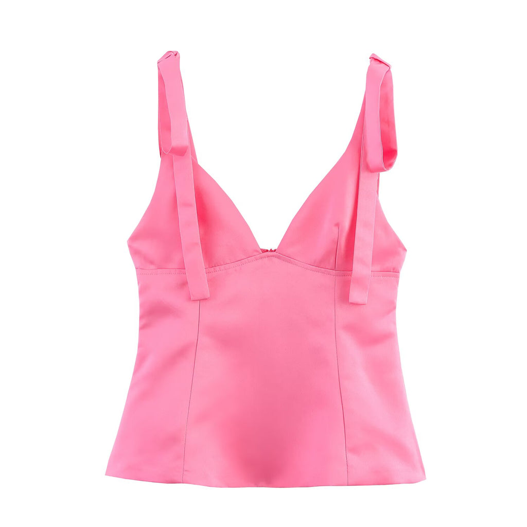 Summer Women Clothing All Matching Pullover V neck Bowknot Decoration Silk Satin Textured Top