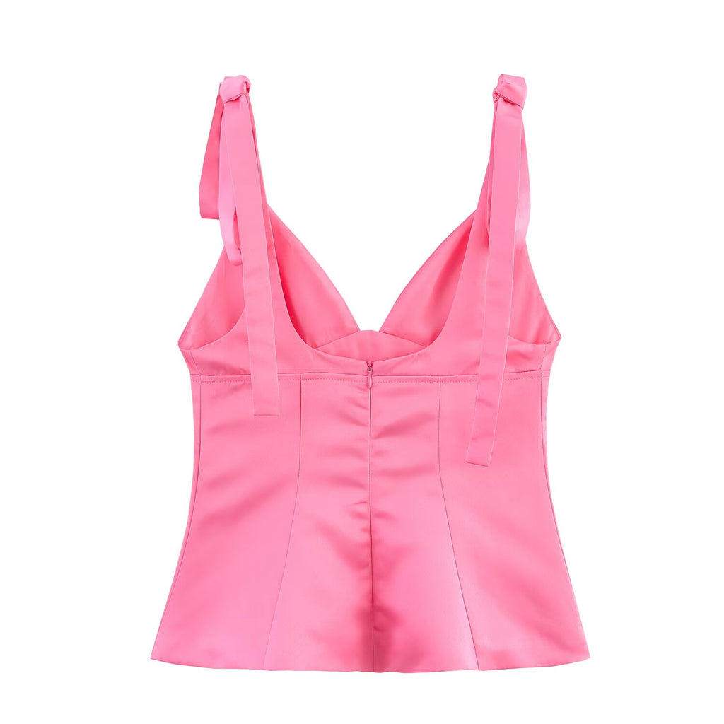 Summer Women Clothing All Matching Pullover V neck Bowknot Decoration Silk Satin Textured Top