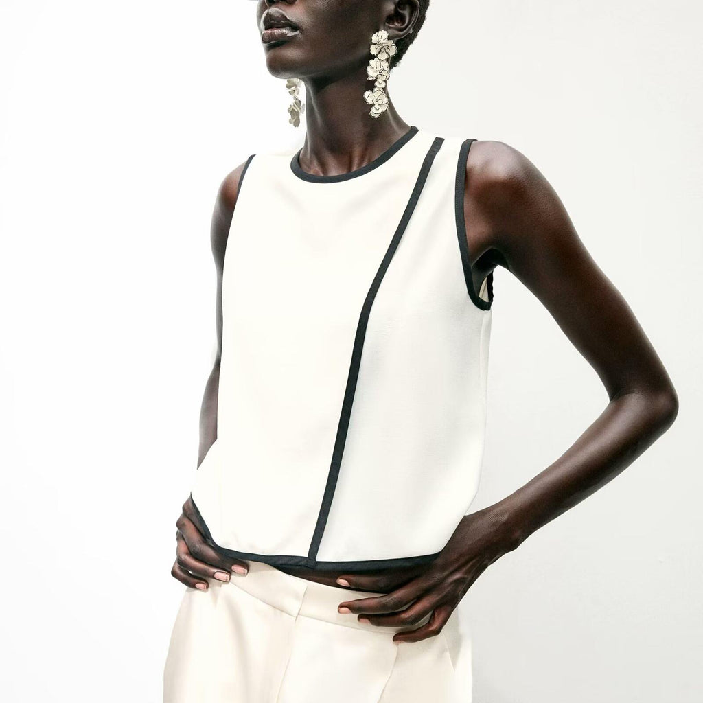 Women Contrast Color Trim Crepe round Neck Sleeveless Top