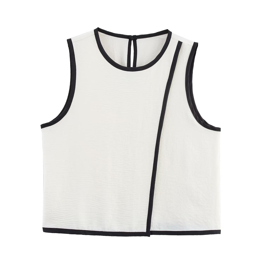 Women Contrast Color Trim Crepe round Neck Sleeveless Top