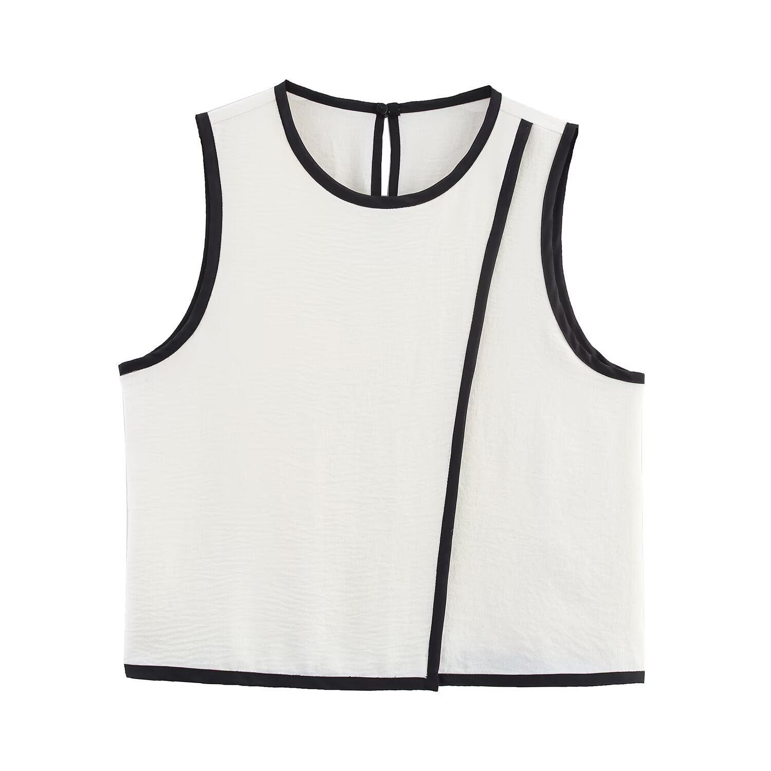 Women Contrast Color Trim Crepe round Neck Sleeveless Top