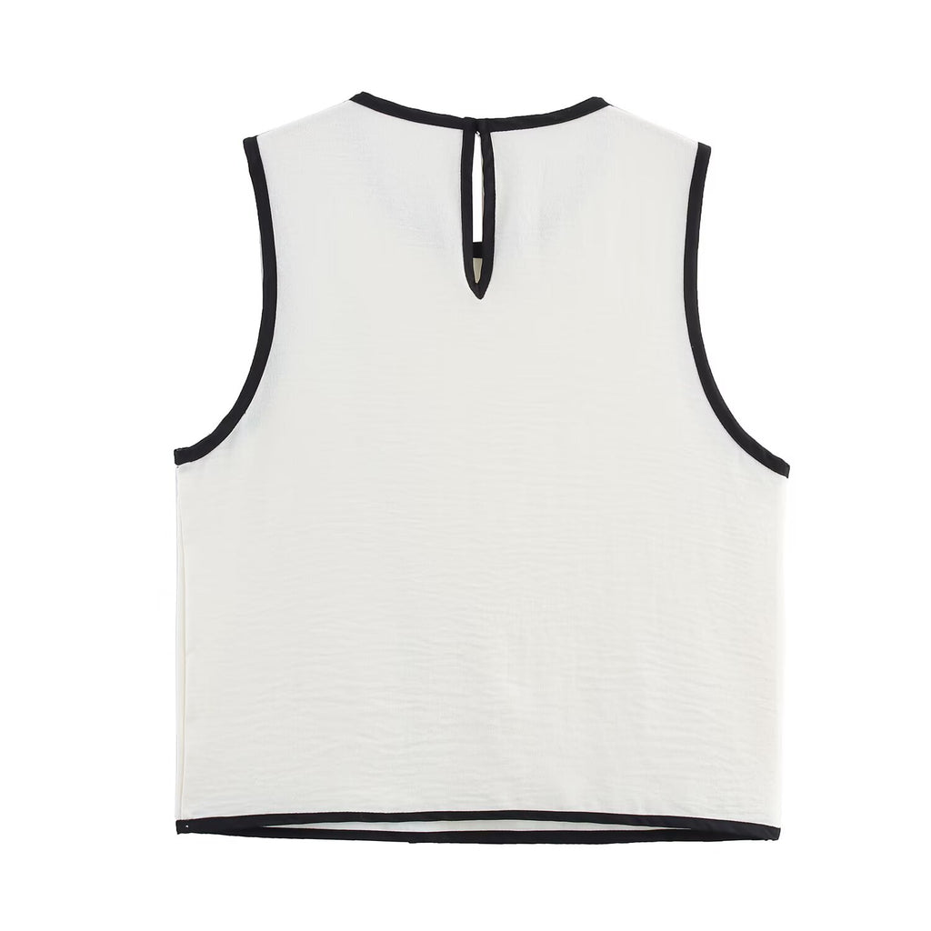 Women Contrast Color Trim Crepe round Neck Sleeveless Top