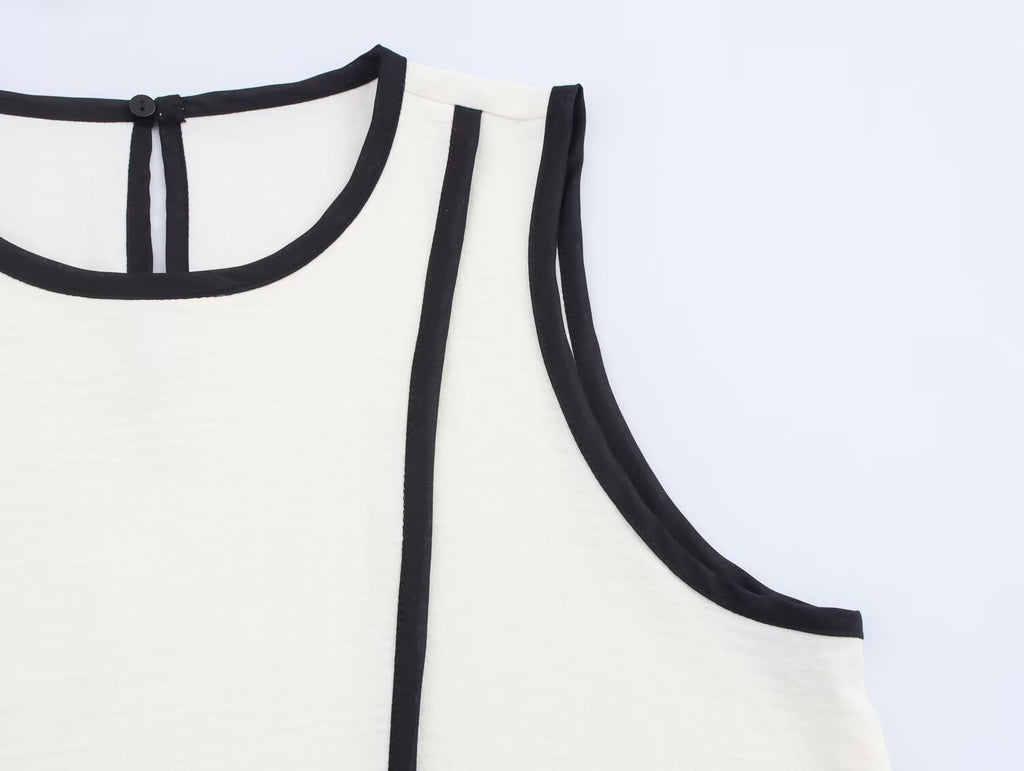 Women Contrast Color Trim Crepe round Neck Sleeveless Top