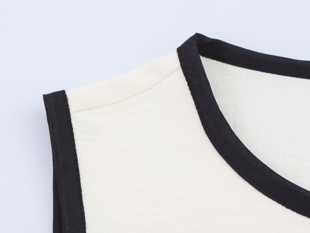 Women Contrast Color Trim Crepe round Neck Sleeveless Top