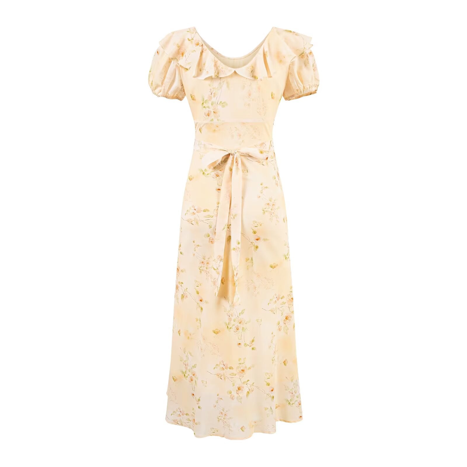 Sweet Printed Chic Puff Sleeve Chiffon Dress V neck Vacation Midi Dress