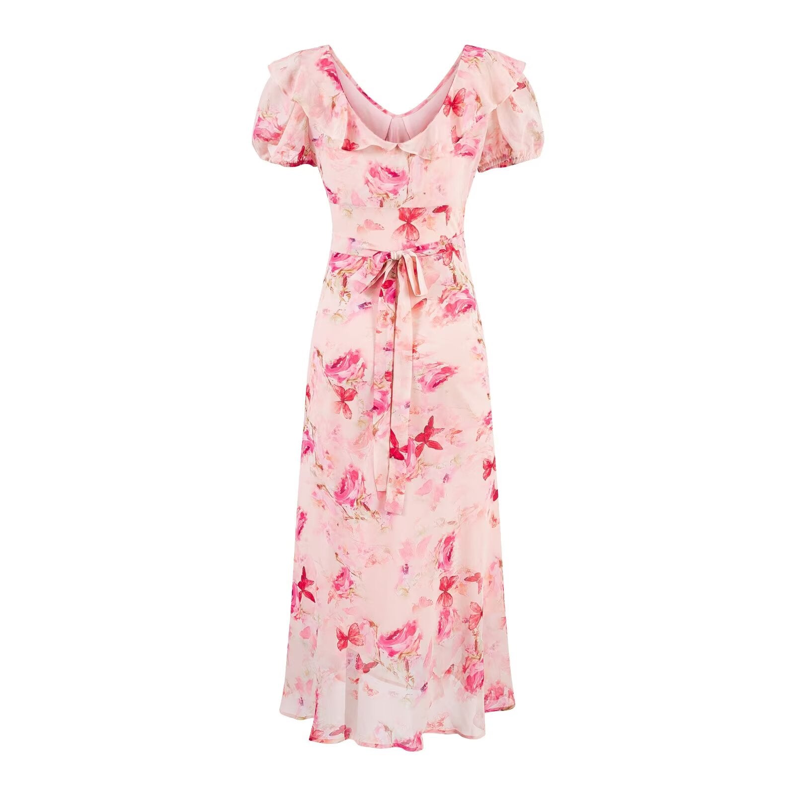 Sweet Printed Chic Puff Sleeve Chiffon Dress V neck Vacation Midi Dress