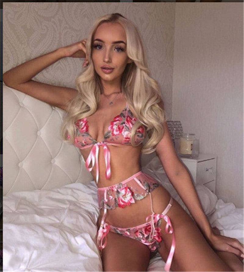 Sexy Strappy Mesh Printed Three-point Sexy Suit