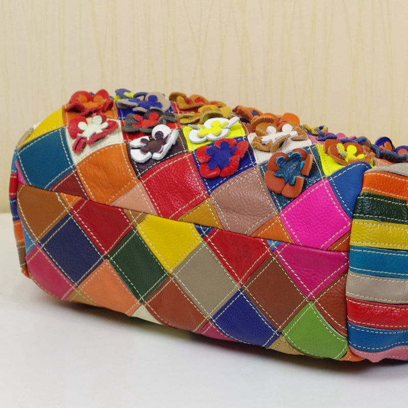 Leather Handbags Cowhide Colorful Flowers Contrast Color