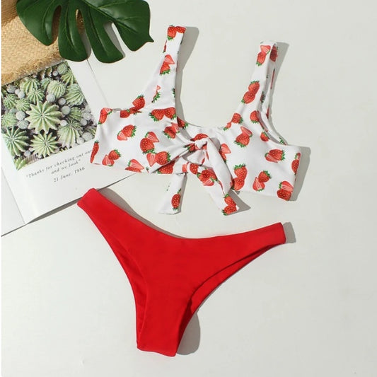 Solid color print split bikini