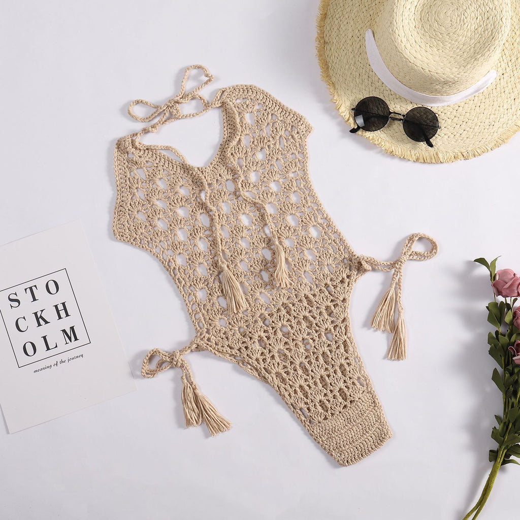 Sexy Halter Bandage Woven Hollowed Hand Crocheting Knitted Beach Bikini One-Piece Swimsuit Crochet hook