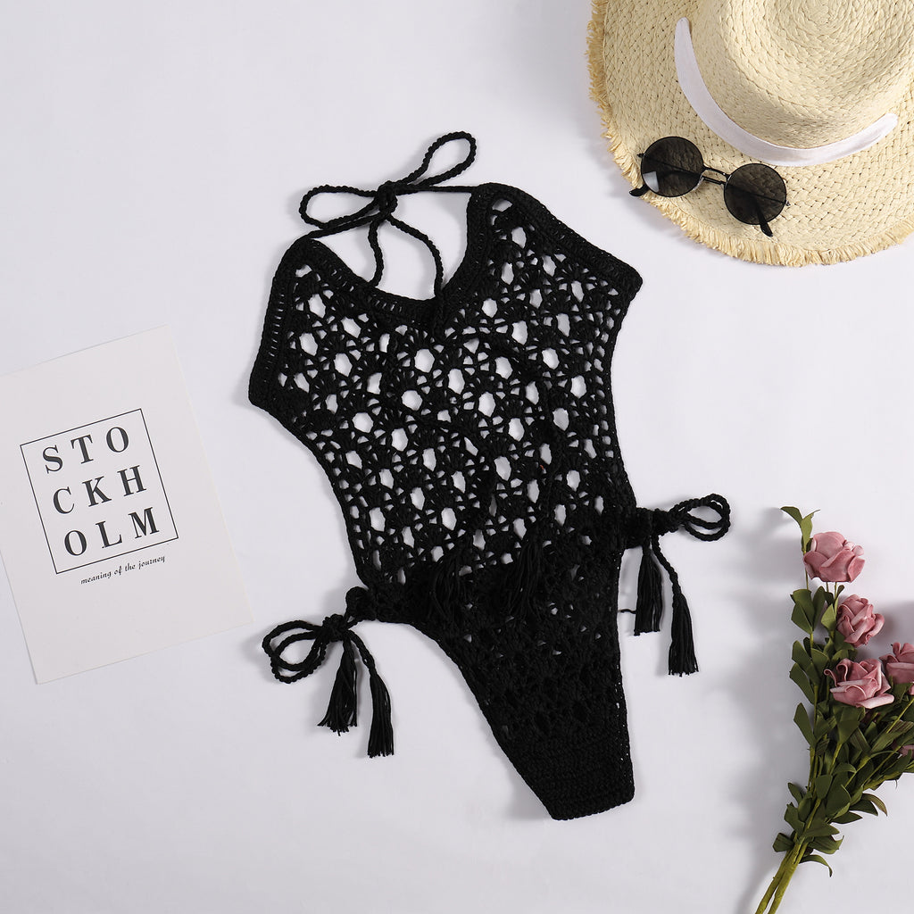 Sexy Halter Bandage Woven Hollowed Hand Crocheting Knitted Beach Bikini One-Piece Swimsuit Crochet hook