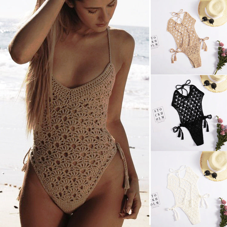 Sexy Halter Bandage Woven Hollowed Hand Crocheting Knitted Beach Bikini One-Piece Swimsuit Crochet hook