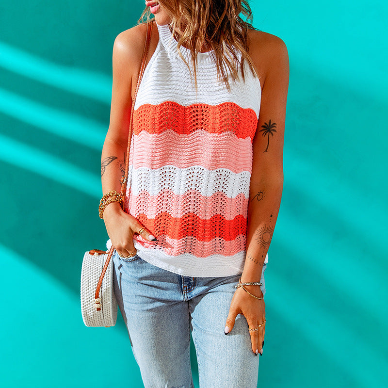 Gilet en laine tricotée pour femme, haut d'été, nouveauté, en coton acrylique, couleur contrastée, patchwork