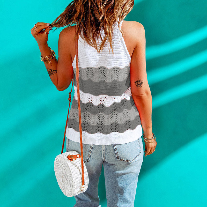 Gilet en laine tricotée pour femme, haut d'été, nouveauté, en coton acrylique, couleur contrastée, patchwork