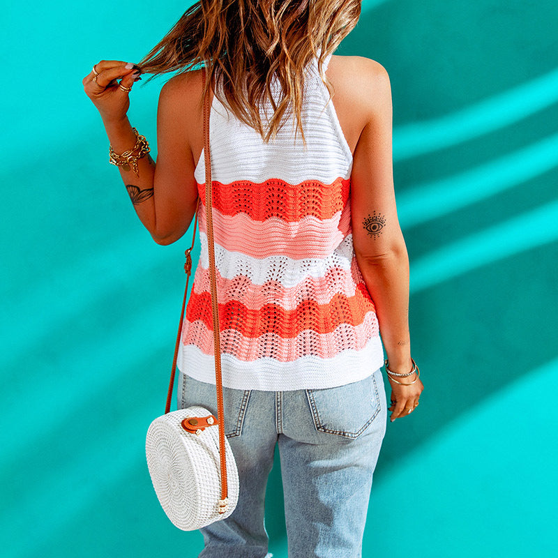 Gilet en laine tricotée pour femme, haut d'été, nouveauté, en coton acrylique, couleur contrastée, patchwork