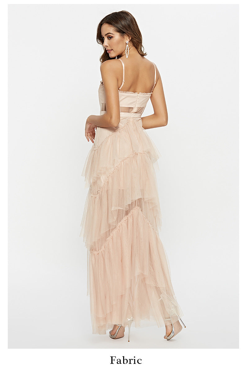 Summer Fairy Dinner Suit Waist Trimming Spaghetti Straps Dress Women Online Influencer Three Lines Tied Tiered Dress