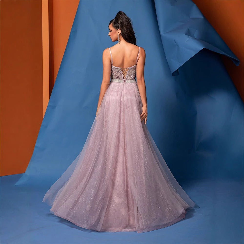 V neck Brace Sequin Pink Bridesmaid Formal Dress Elegant A Hem Backless Beaded Mesh Formal Dinner Dress