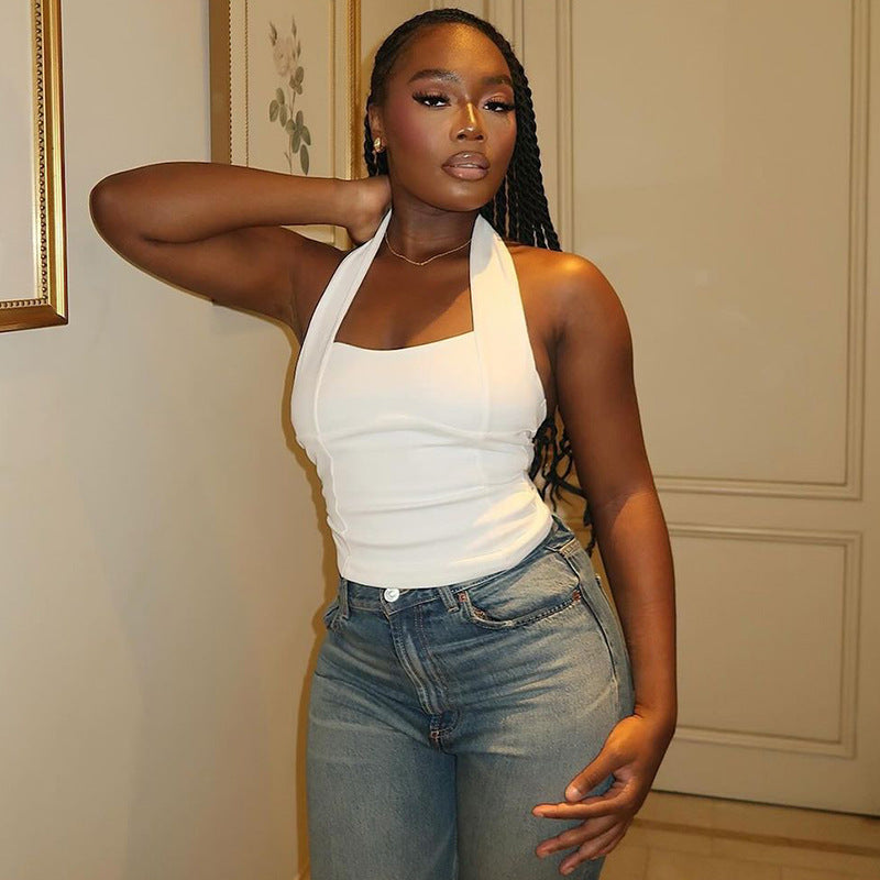 Women Clothing Summer Solid Color Tied Halter Top Short Slim Fit Tank Top