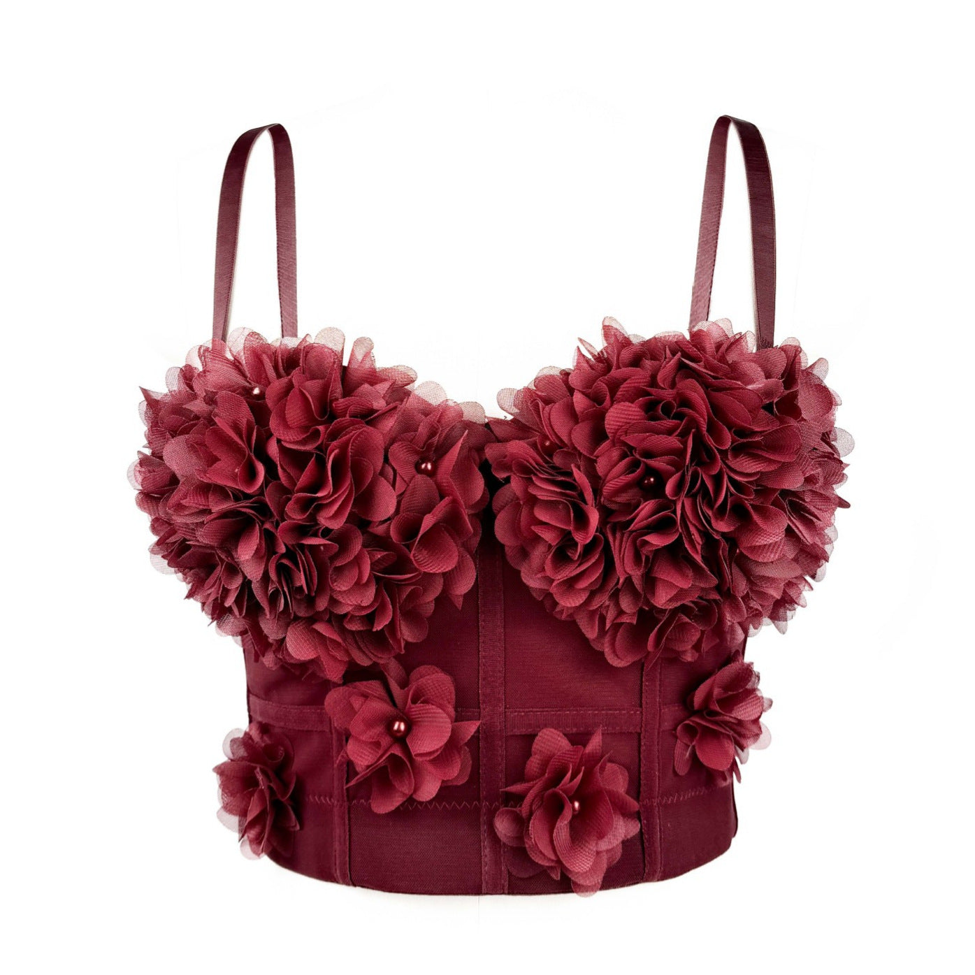 French Angora Red Underwear Mesh See through Boning Corset Bra with Chest Pad Beaded Three Dimensional Floral Outer Wear Beauty Back