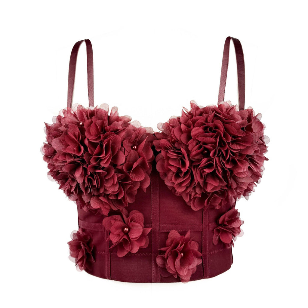French Angora Red Underwear Mesh See through Boning Corset Bra with Chest Pad Beaded Three Dimensional Floral Outer Wear Beauty Back