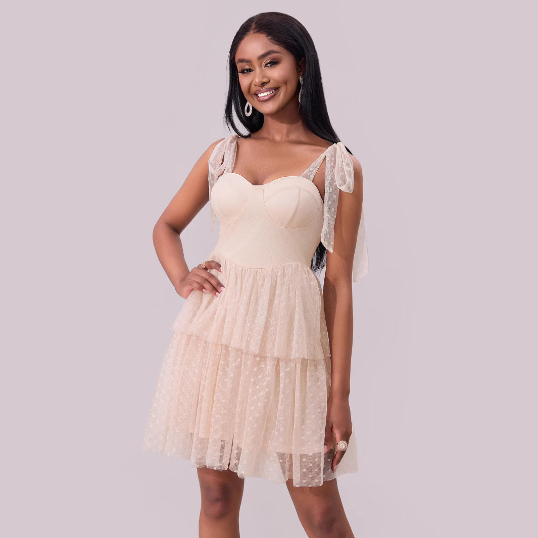 Women Clothing Evening Dress Lace up Shoulder Pleated Hem Mesh Dress