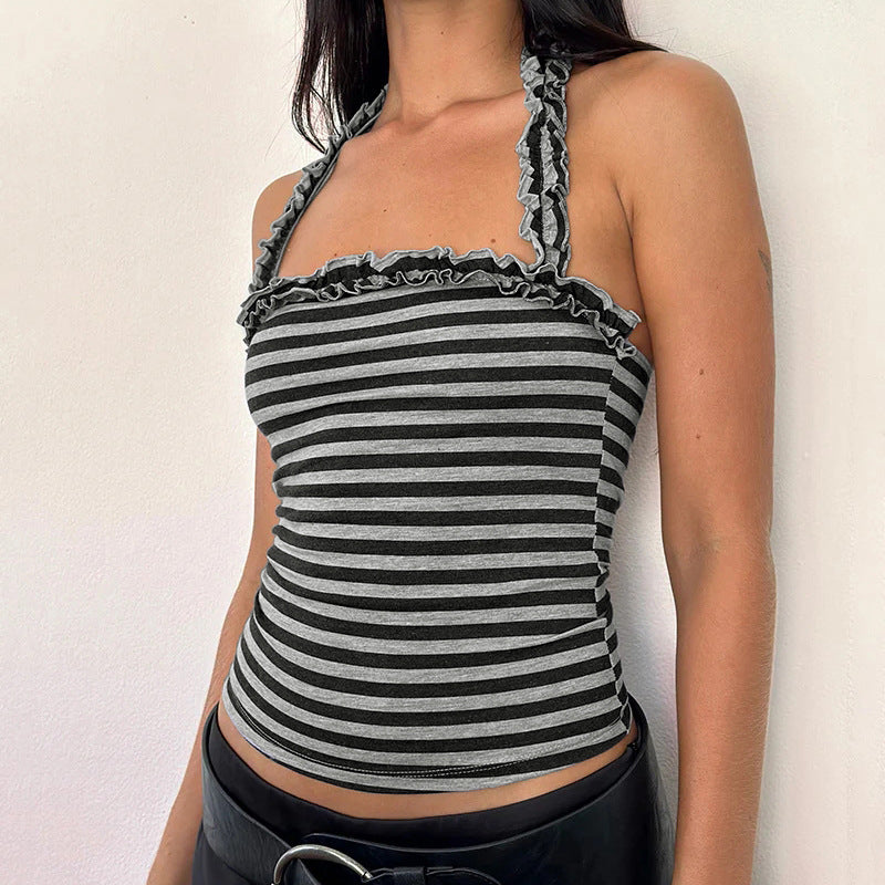 Summer Women Clothing Summer Sexy Sexy Casual Striped Halter Pleated Vest Tight Fit Slim Fit Figure Flattering