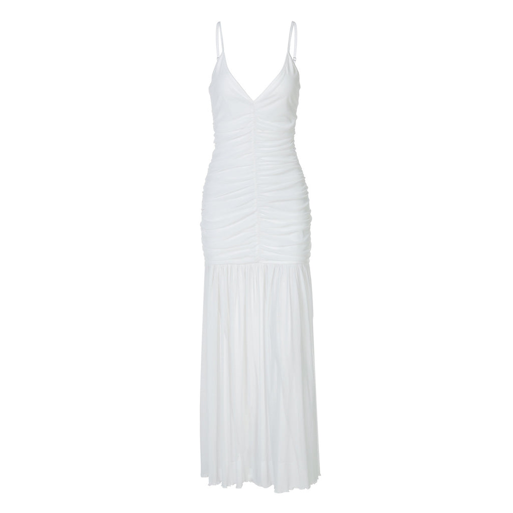 Summer Women Clothing V neck Brace Sexy Mesh Stitching Pleated Slim Fit Dress