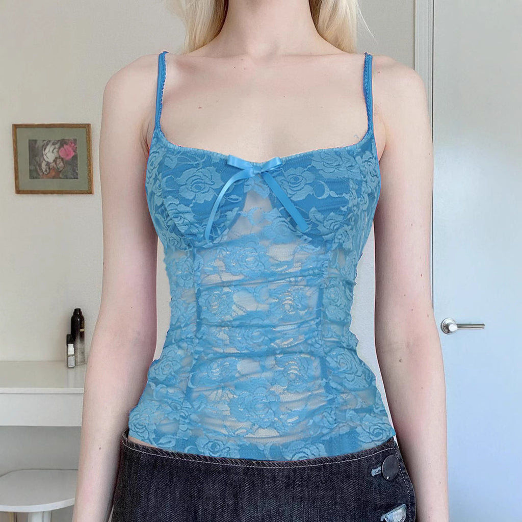 Sexy Sweet Spicy Rose Red Lace Bow Tied V neck Waist Trimming Spaghetti Straps Small Vest Sexy Backless Top