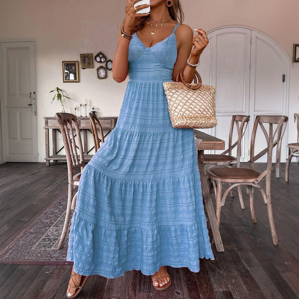 Women Clothing Summer Elegant Solid Color Sling Large Swing Dress