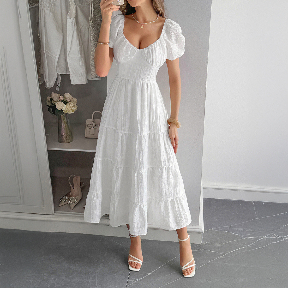 Casual Vacation Puff Sleeve Maxi Dress Women Clothing Summer