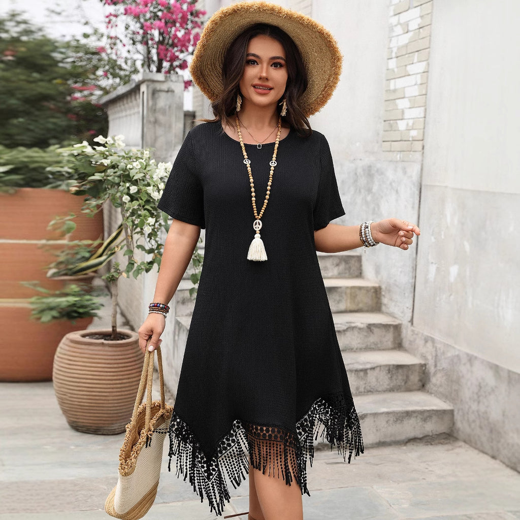 Plus Size Women Clothing Black Slimming Dress Tassel Design Loose Dress