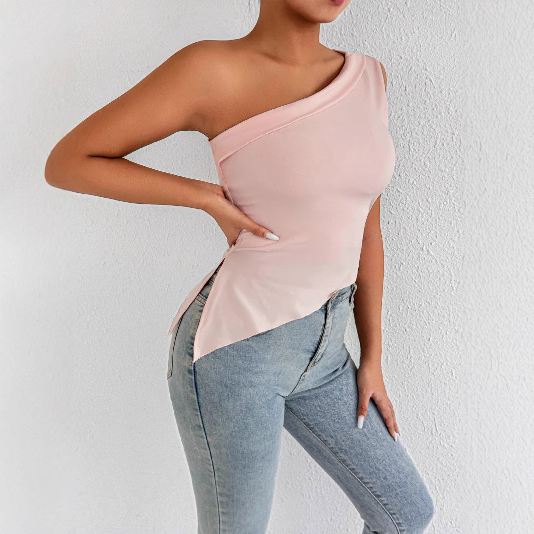 Summer Diagonal Collar One Shoulder Women Top Arrival off Shoulder Side Slit Solid Color Top
